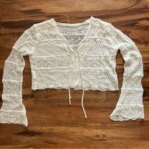 Crochet Cropped Cardigan with Bell Sleeves Tie Front  Juniors Top 90s Y2K